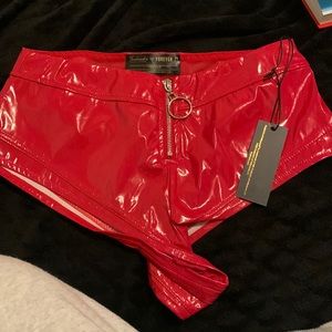 Frederick’s of Hollywood X Forever 21 red vinyl hot pants/ shorts.
